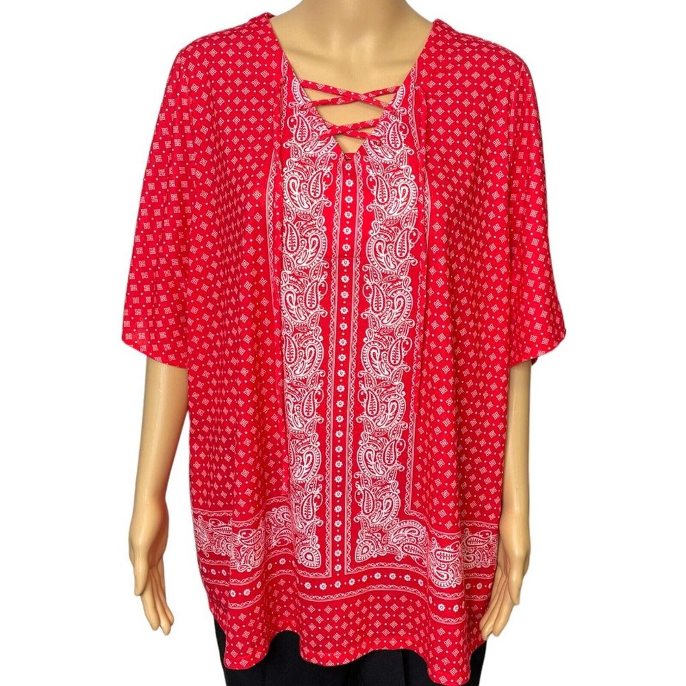 Catherines Womens 1X 18/20W Red Paisley‎ Design Short Sleeve Blouse Shirt Top
